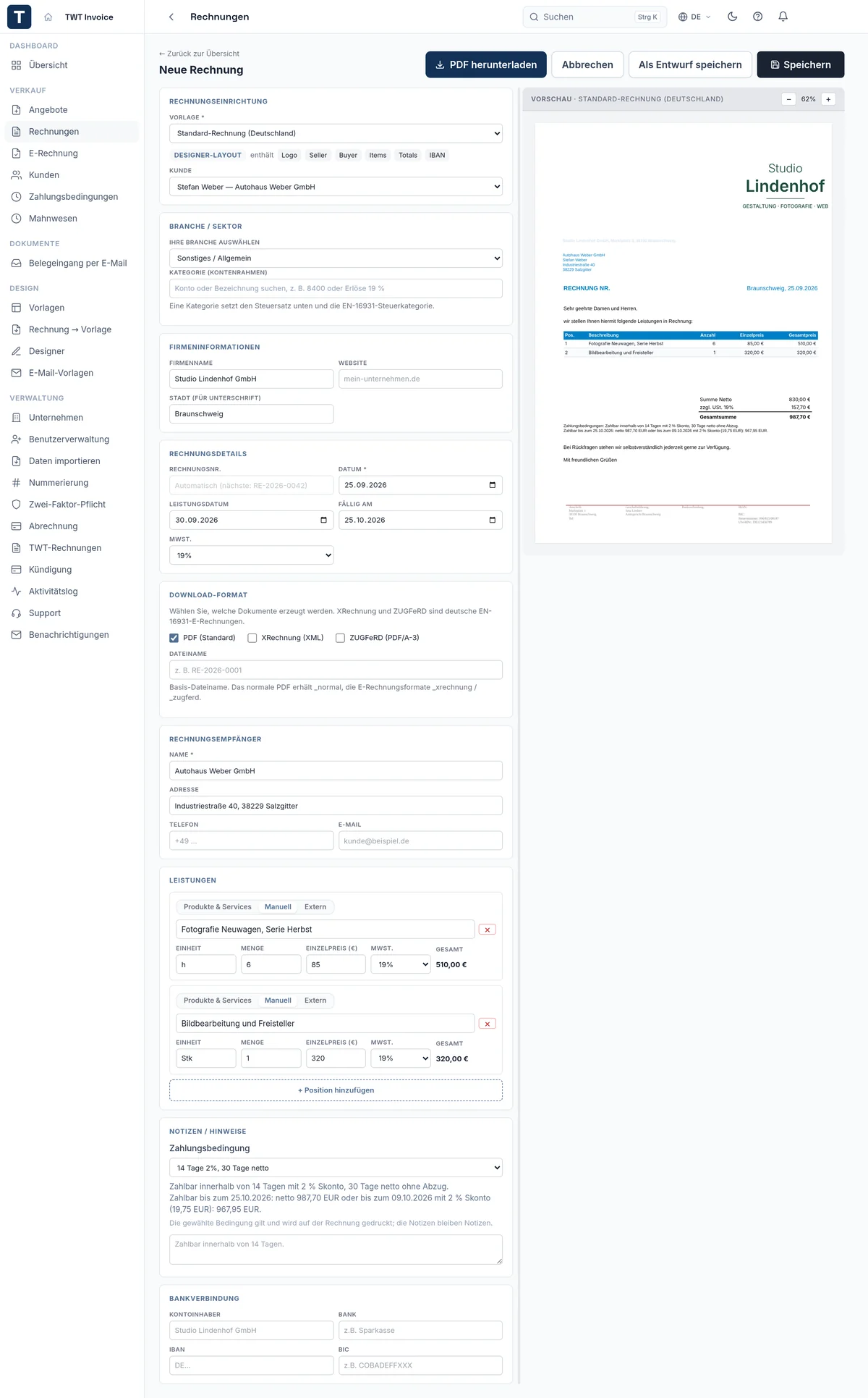 Eine Rechnung im Editor: Vorlage, Kunde und Rechnungsdaten links, rechts die Live-Vorschau mit Logo, Positionen und Skonto.