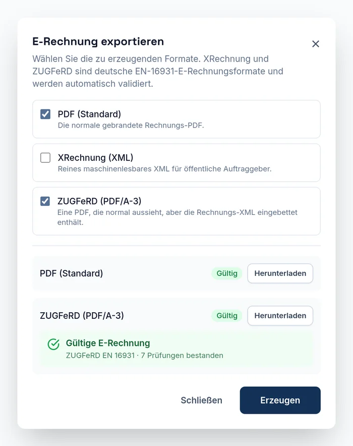 E-Rechnung exportieren: PDF und ZUGFeRD erzeugt, beide gültig, ZUGFeRD EN 16931 mit 7 bestandenen Prüfungen.